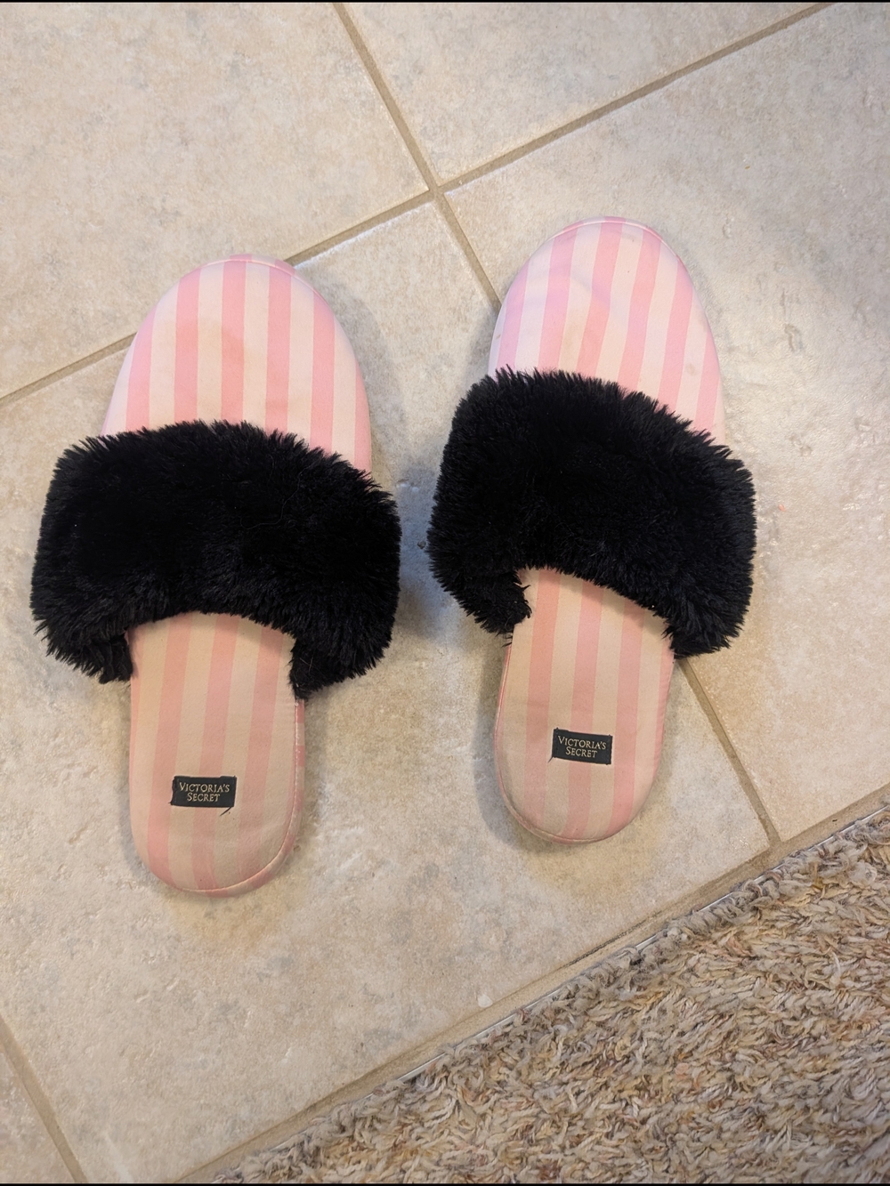 Victoria's Secret Pink Striped Slides with Black Fuzzy Strap